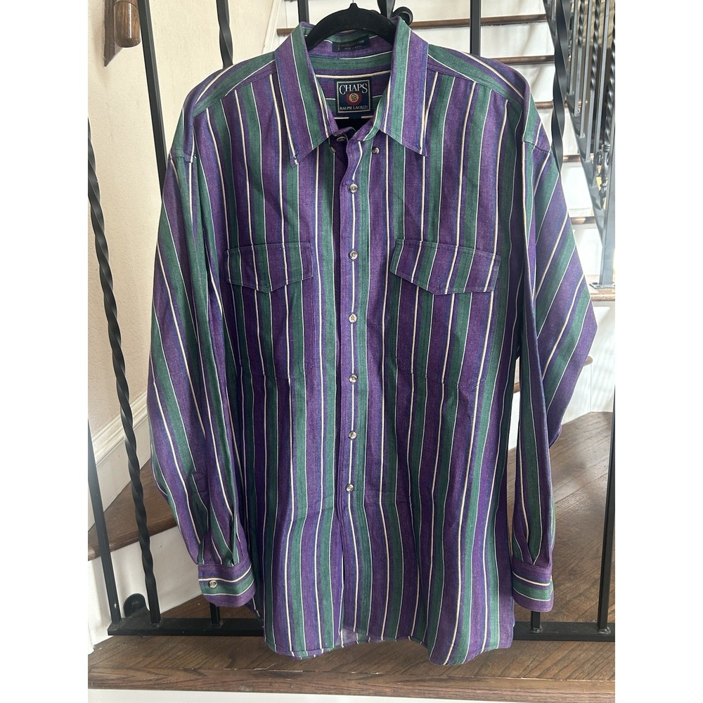 Men's Size Large Chaps Ralph Lauren Shirt Long Sleeves Vertical Stripes 1990's